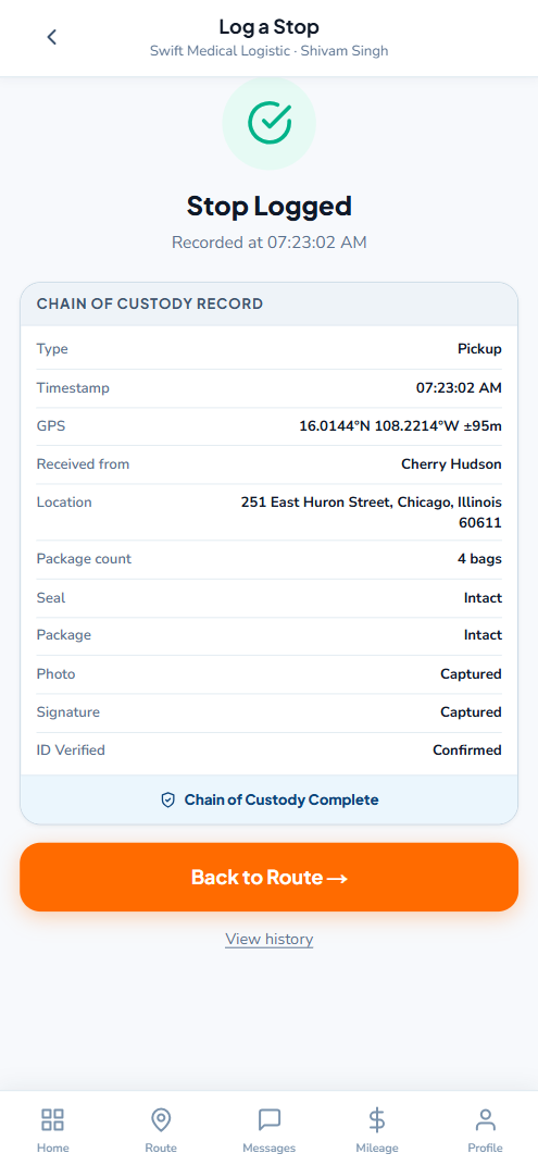 Driver-app screenshot showing a completed chain-of-custody record