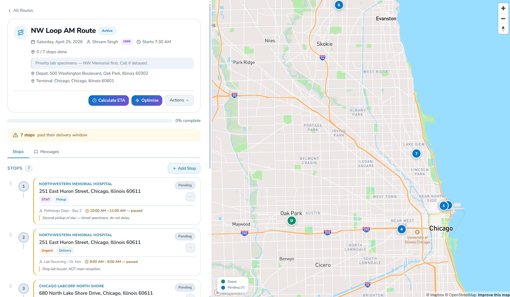 MileMedic route detail — assigned driver, depot/terminal, live stops on a Mapbox map